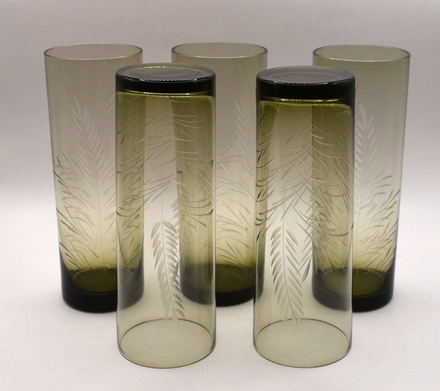 Olive green Tom Collins etched tumblers. Set of 5
