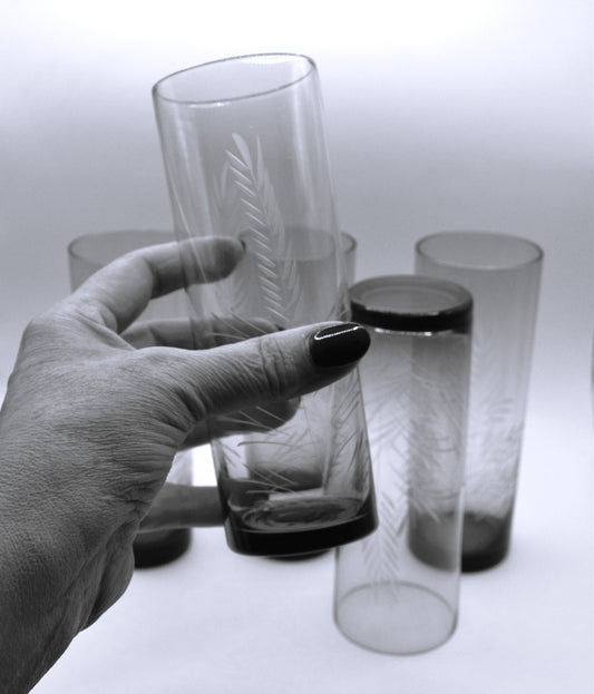 Olive green Tom Collins etched tumblers. Set of 5