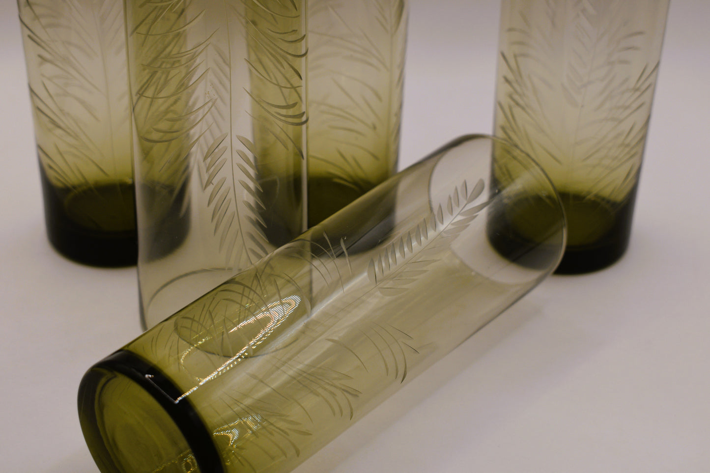 Olive green Tom Collins etched tumblers. Set of 5