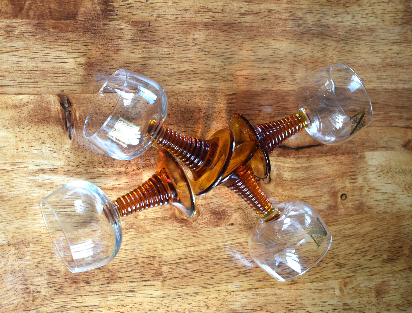 Vintage Roemer wine glasses . Beehive Amber stem. Gold Grapevine pattern. Set of 4