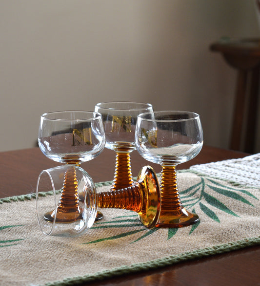 Vintage Roemer wine glasses . Beehive Amber stem. Gold Grapevine pattern. Set of 4