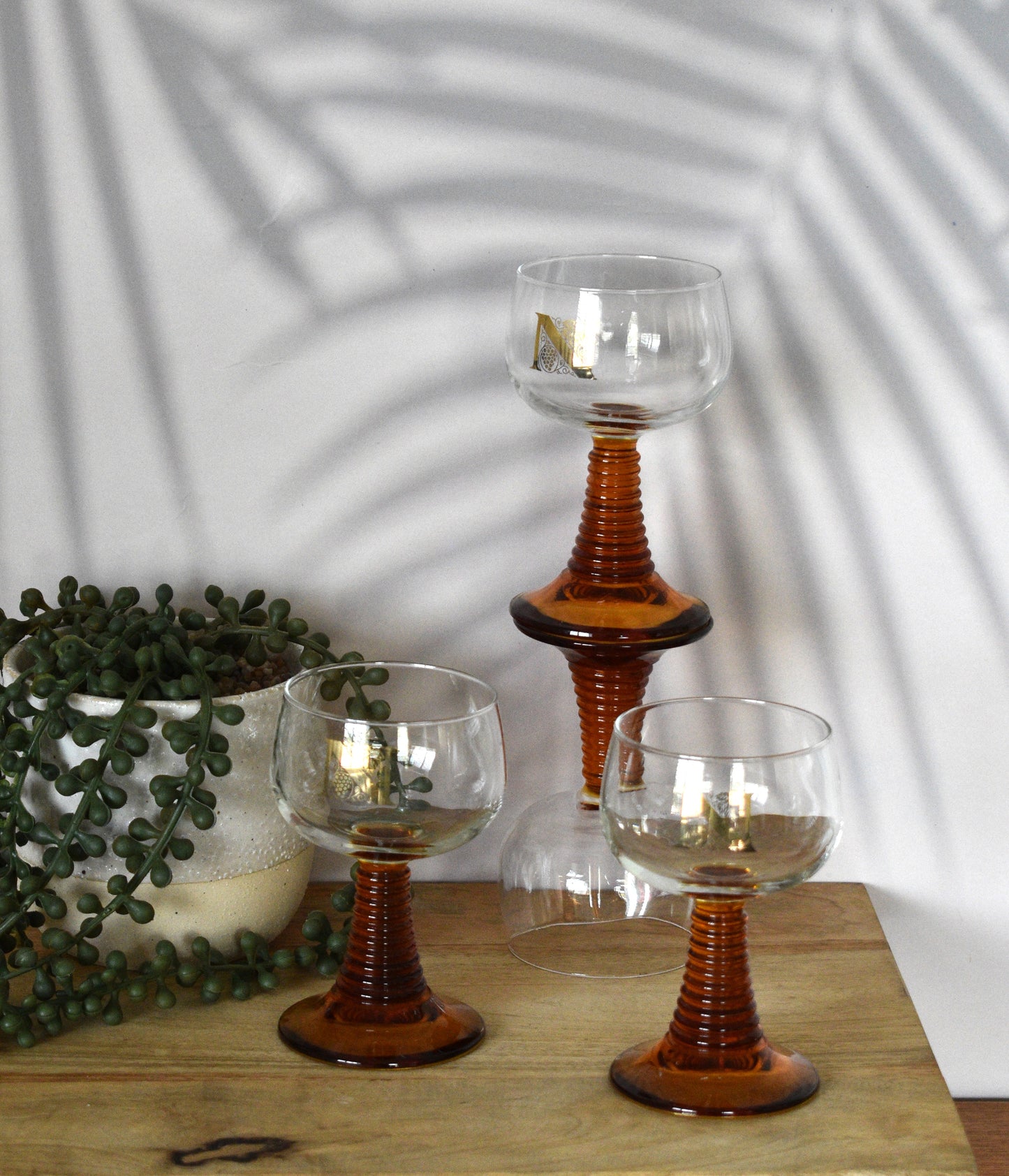 Vintage Roemer wine glasses . Beehive Amber stem. Gold Grapevine pattern. Set of 4