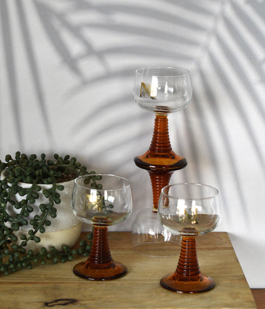 Vintage Roemer wine glasses . Beehive Amber stem. Gold Grapevine pattern. Set of 4