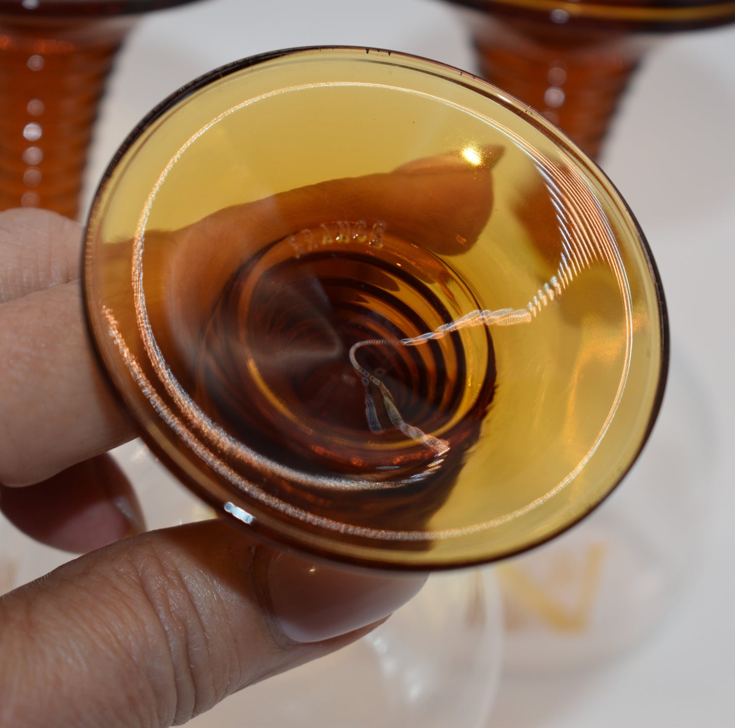 Vintage Roemer wine glasses . Beehive Amber stem. Gold Grapevine pattern. Set of 4