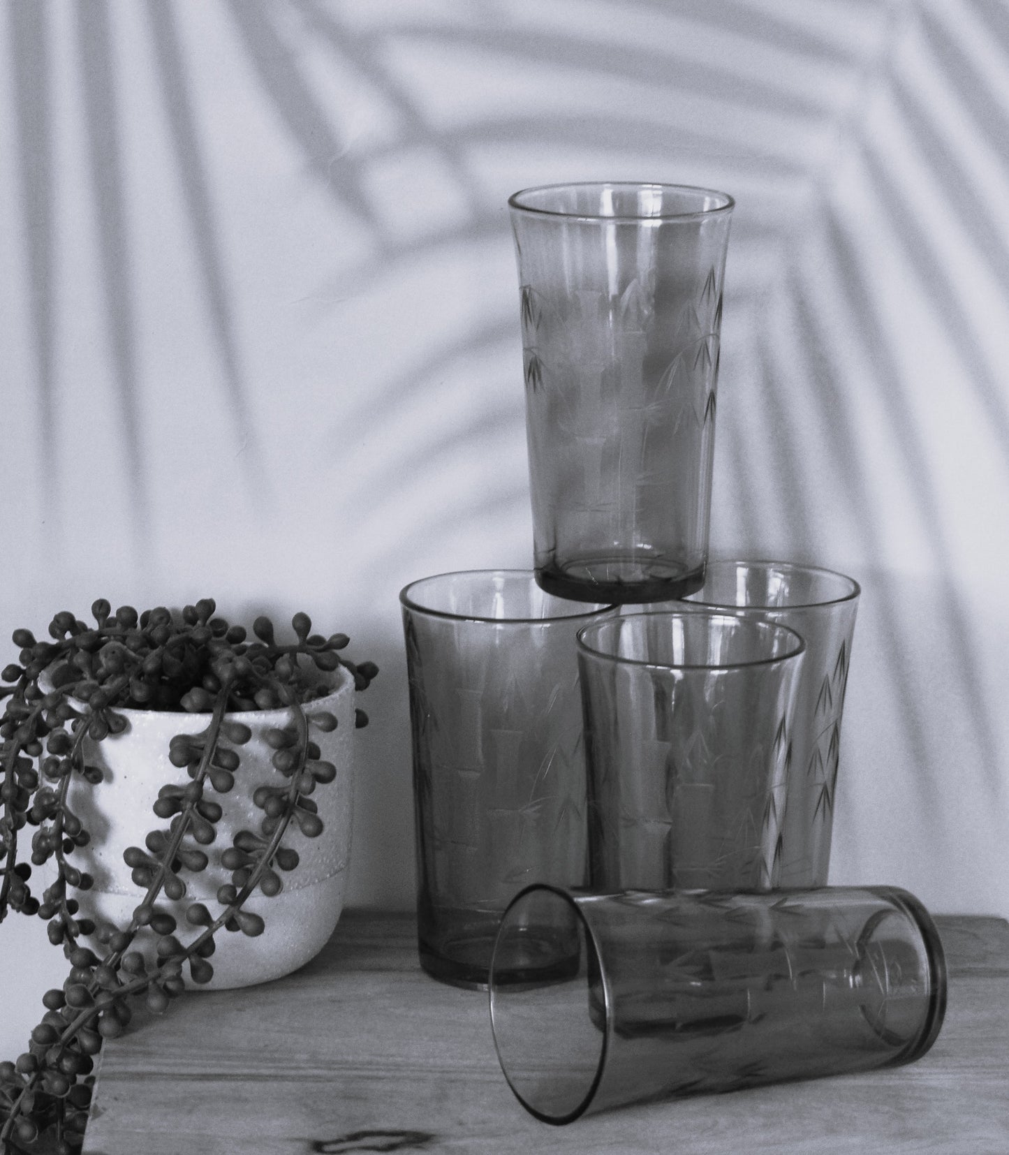Amber tumblers with etched bamboo design. Set of 5