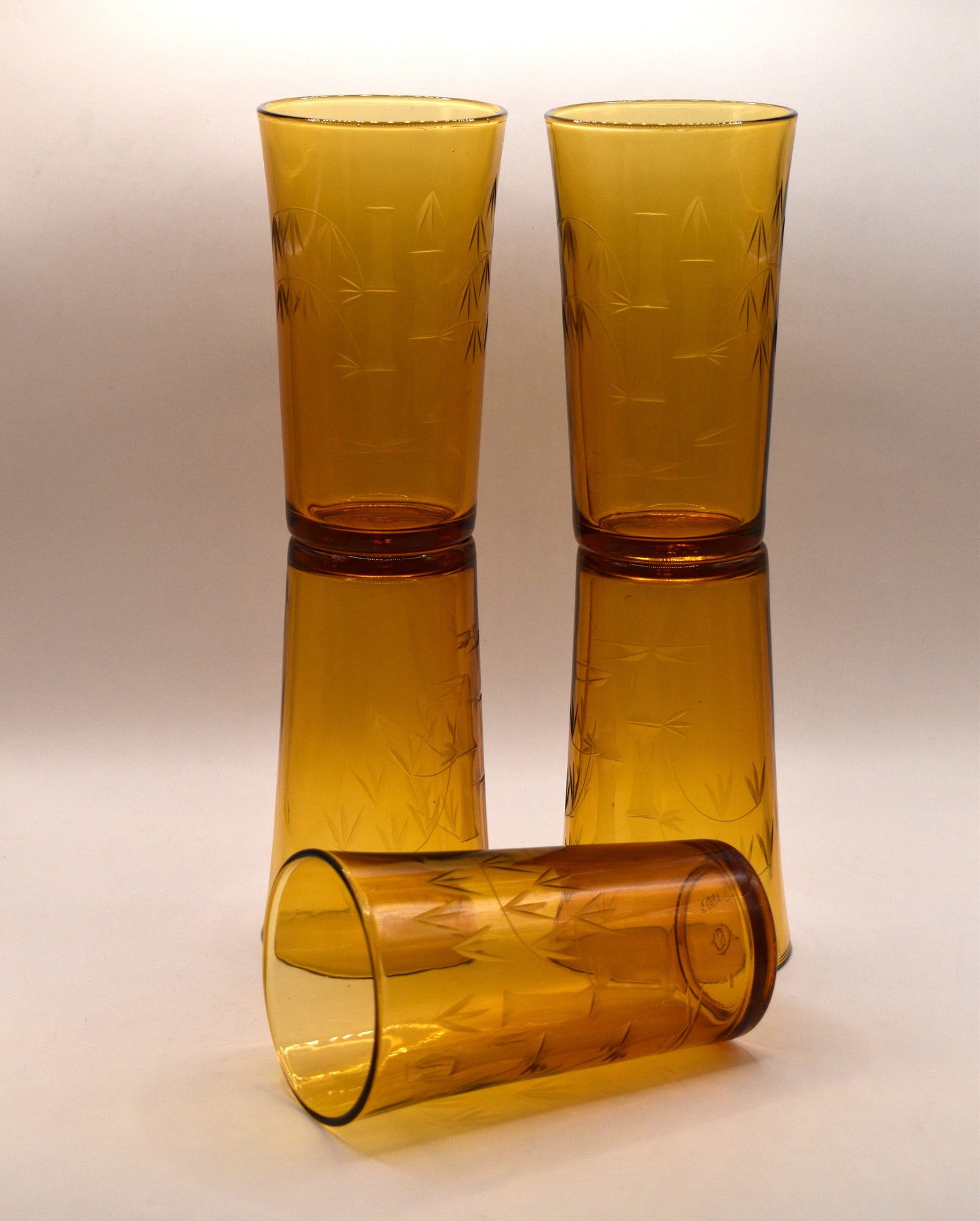 Amber tumblers with etched bamboo design. Set of 5
