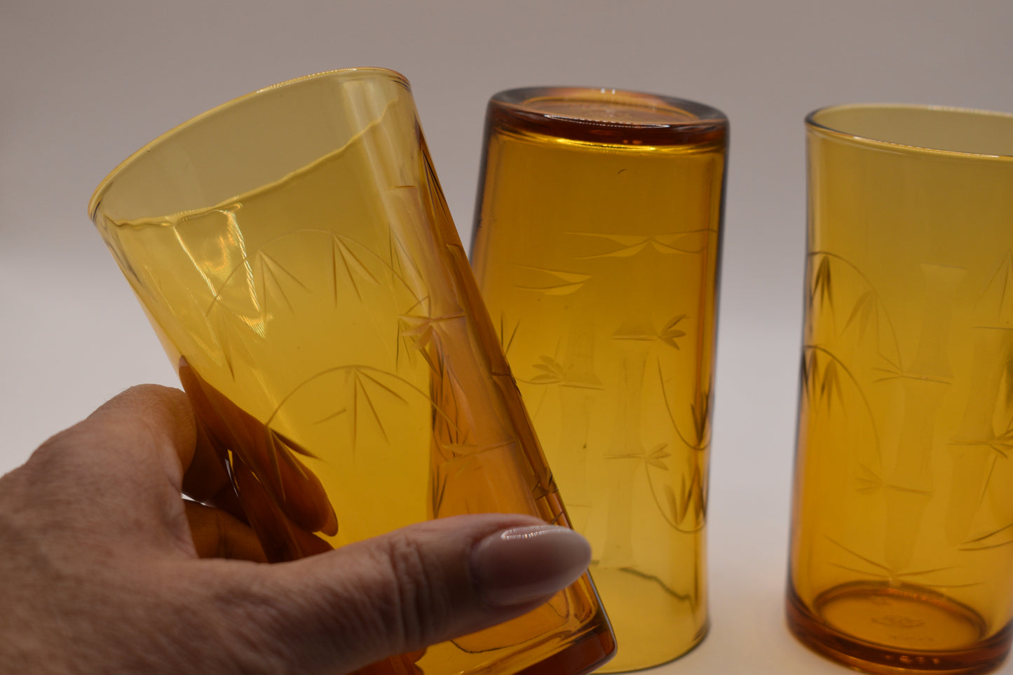 Amber tumblers with etched bamboo design. Set of 5