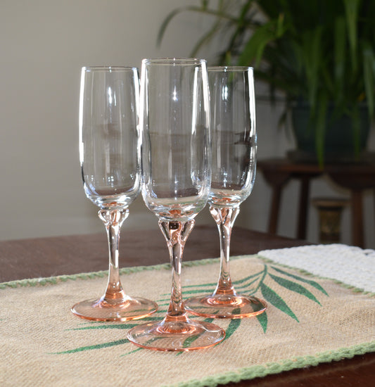 Vintage Pink Blush Stemmed Champagne Glasses - Luminarc Veronese - Set of 3