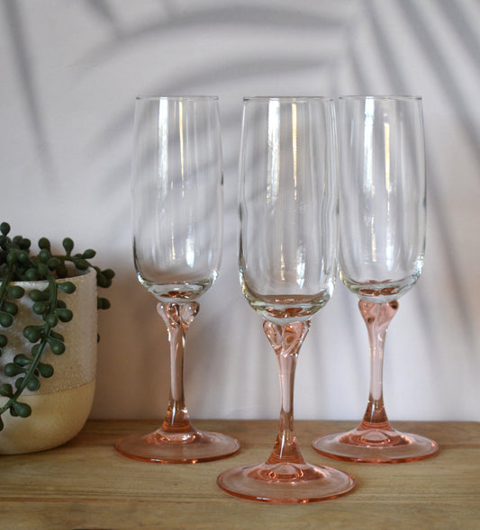 Vintage Pink Blush Stemmed Champagne Glasses - Luminarc Veronese - Set of 3