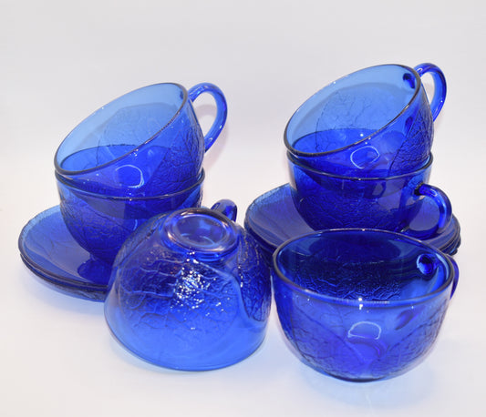 Vintage Set of 6 Aspen Cobalt Blue Cups and Saucers by ARCOROC - Made in France