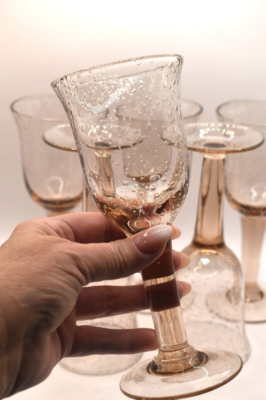 Vintage pink handblown bubble stemmed wine glasses. Set of 6