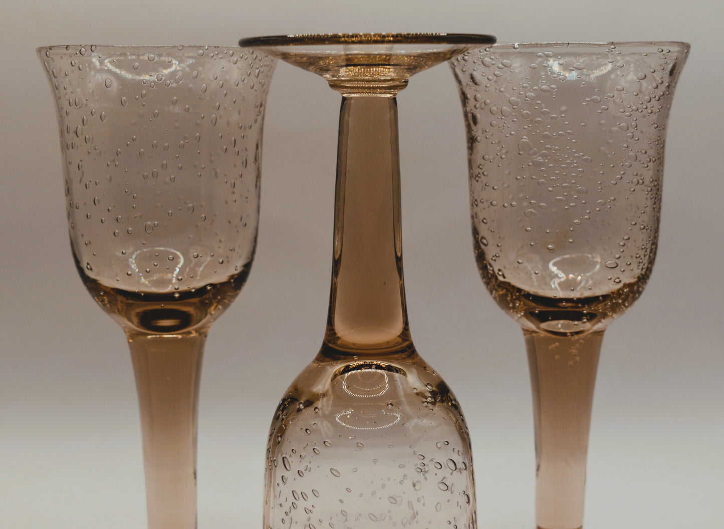 Vintage pink handblown bubble stemmed wine glasses. Set of 6