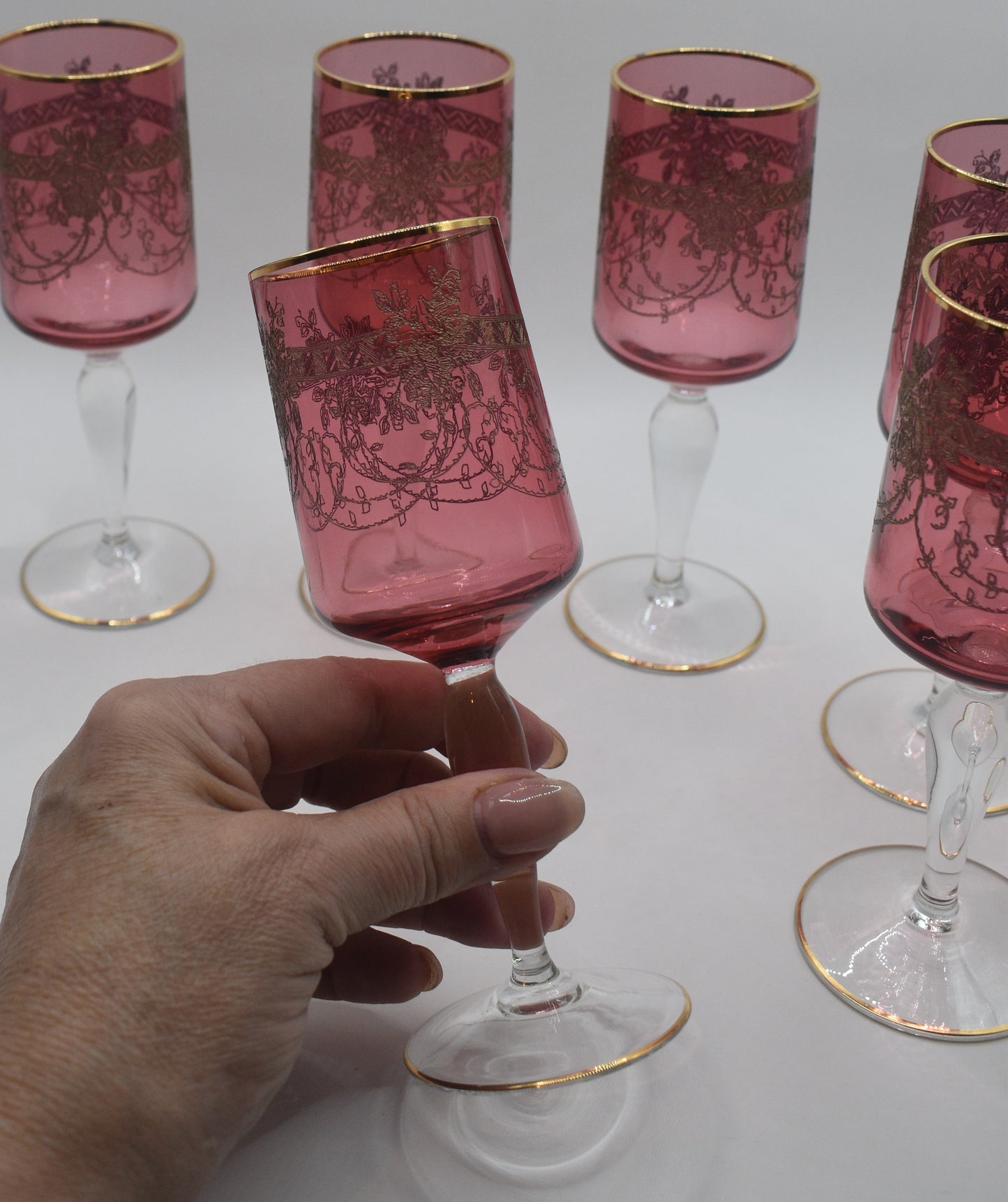 Antique Moser Bohemian cranberry glass cordial or wine glasses. Set of 6