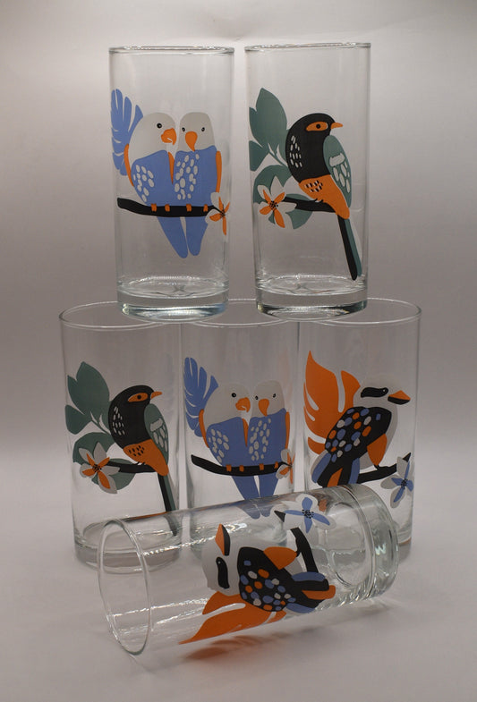 Vintage ARC France "Birds of Australia" Tumblers / Highball Glasses. Set of 6