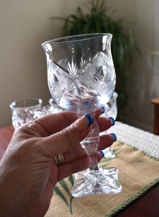 Vintage hand-cut lead Crystal Red Wine Goblets - Set of 6 - Geometric Sturburst & Square Base