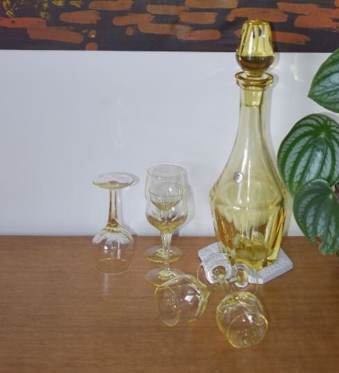 Bramor Hand Cut Lead Crystal Decanter and 5 stemmed Liqueur glasses by Hoya. Made in Japan