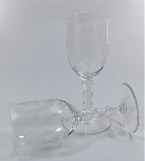 Vintage Crystal - "Stacked" beaded stemmed cordial glass with etched flower/leaf design. Liqueur glasses. Set of 2