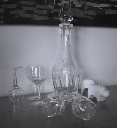 Bramor Hand Cut Lead Crystal Decanter and 5 stemmed Liqueur glasses by Hoya. Made in Japan