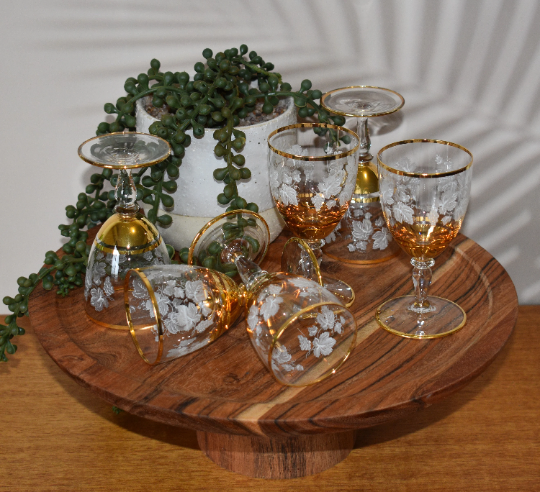 Vintage Bohemian Crystal Gold trimmed etched sherry glasses. Set of 6