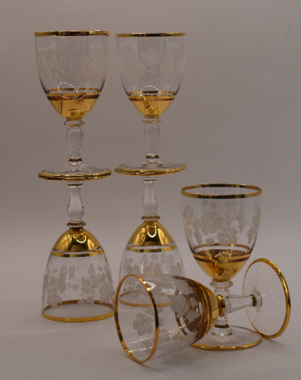 Vintage Bohemian Crystal Gold trimmed etched sherry glasses. Set of 6