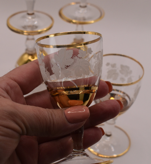 Vintage Bohemian Crystal Gold trimmed etched sherry glasses. Set of 6
