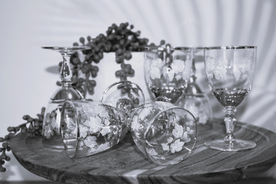 Vintage Bohemian Crystal Gold trimmed etched sherry glasses. Set of 6