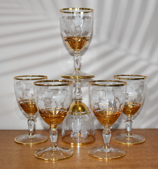 Vintage Bohemian Crystal Gold trimmed etched sherry glasses. Set of 6