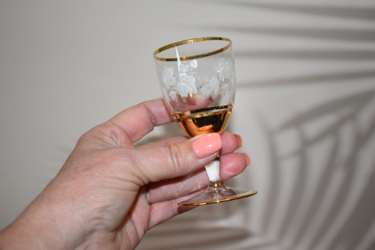 Vintage Bohemian Crystal Gold trimmed etched sherry glasses. Set of 6