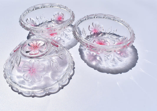 Crystal Vintage Ruffled Bowl Pink Frosted Flower Bowls. Candy Dishes. Set of 3