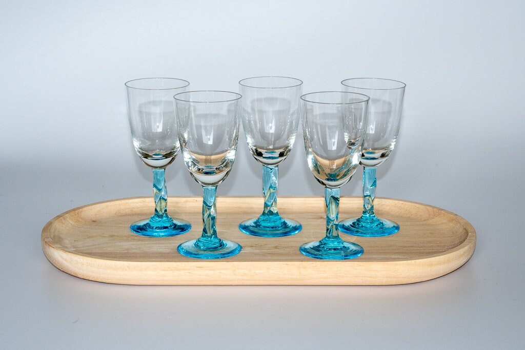 Vintage Ice Blue Twisted Stem Port/Liqueur Glasses. Set of 5