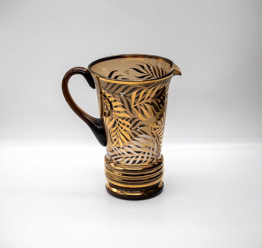 Vintage Amber Water Set With Gold /Silver Plant Fronds and Gold Trim