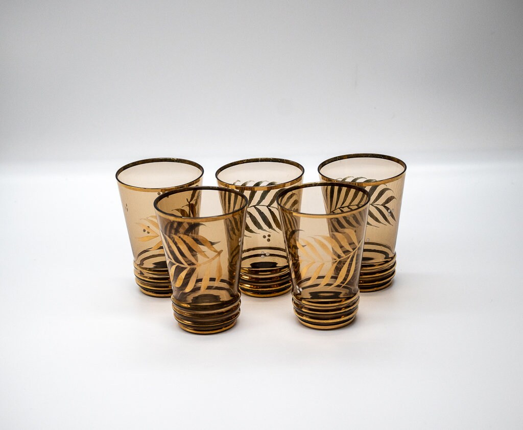 Vintage Amber Water Set With Gold /Silver Plant Fronds and Gold Trim