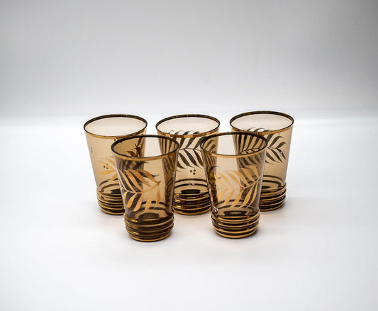 Vintage Amber Water Set With Gold /Silver Plant Fronds and Gold Trim