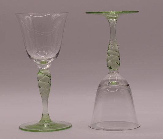 Vintage Sherry/Port/Liqueur Glass with pale green textured stem. Set of 2