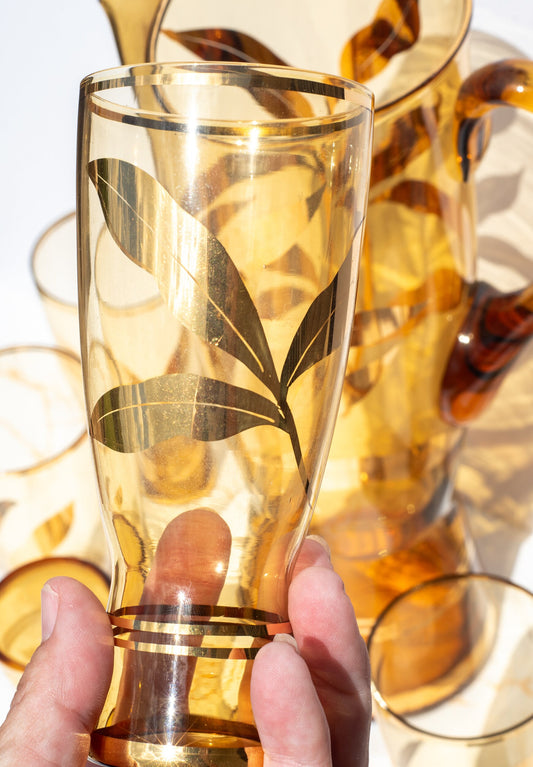 Vintage Amber and Gold leaf motif Water Set. Pitcher with 6 tall tumbler glasses.
