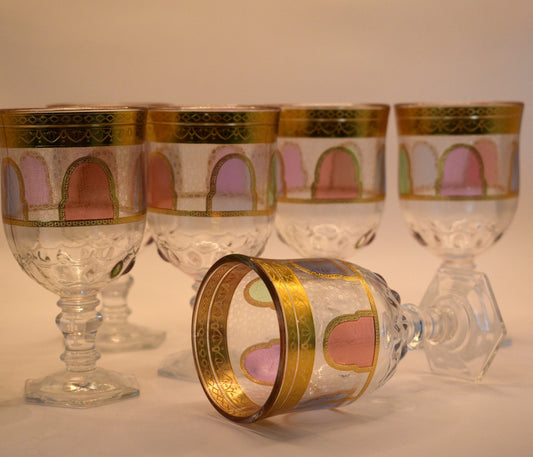 Goblet style Wine glasses with gold trim and coloured panels. Set of 6