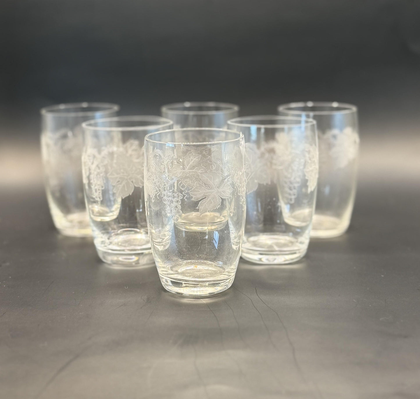 Vintage Bohemian Crystal Etched Grape Design Small Tumbler. Set of 6