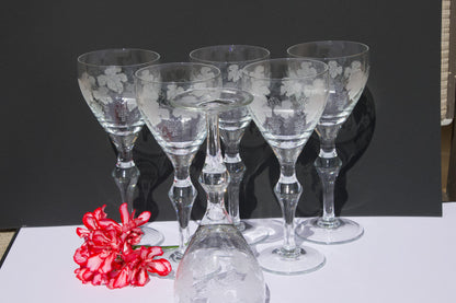 Vintage Crystal Etched Grape Vine Pattern Wine Glasses