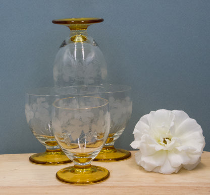 Vintage Etched Grape Vine Pattern Shot /Liqueur Glasses With An Amber Base