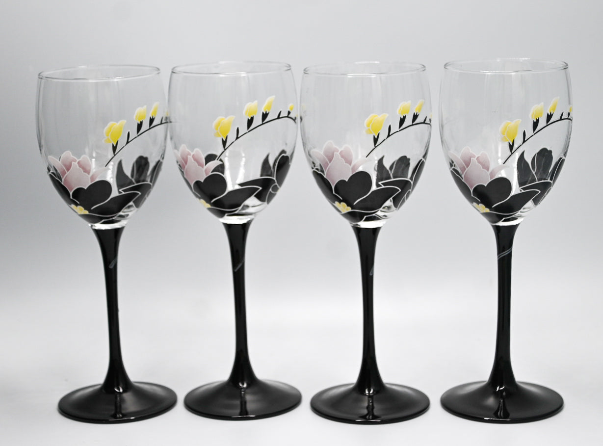 Luminary France Black Stem Floral Wine Glasses