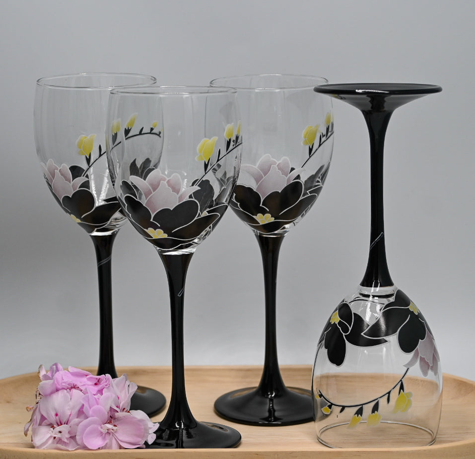 Luminary France Black Stem Floral Wine Glasses