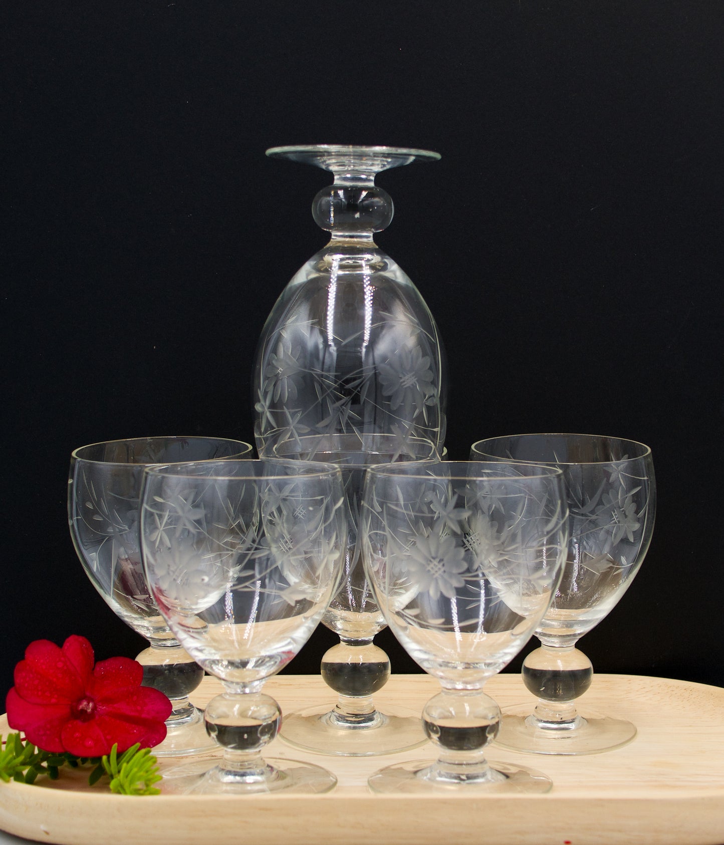 Vintage Etched Water/Wine  Hand Blown Glasses