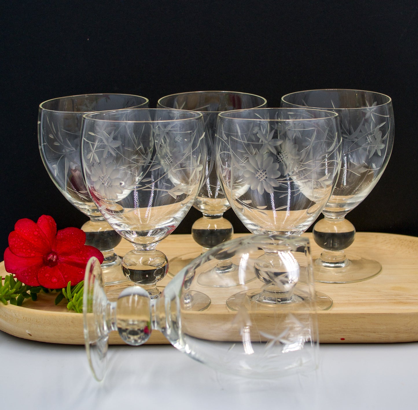 Vintage Etched Water/Wine  Hand Blown Glasses