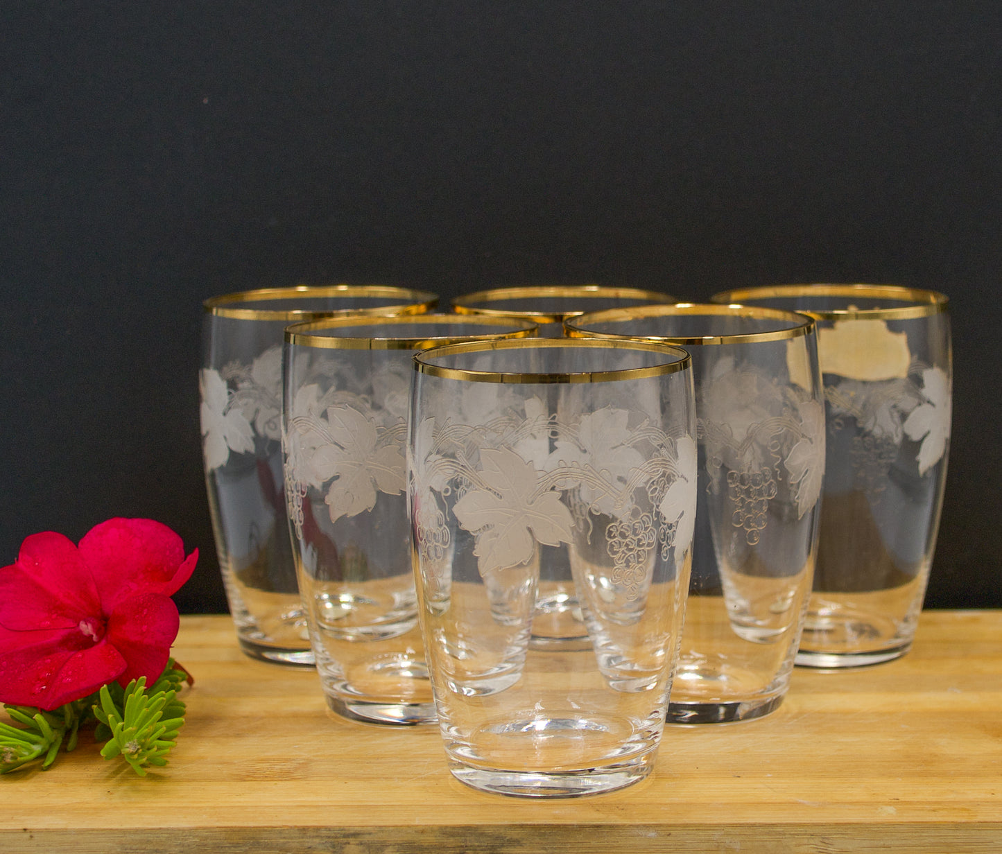 Vintage Bohemian Crystal Etched Grape Design Tumbler with Gold Rim