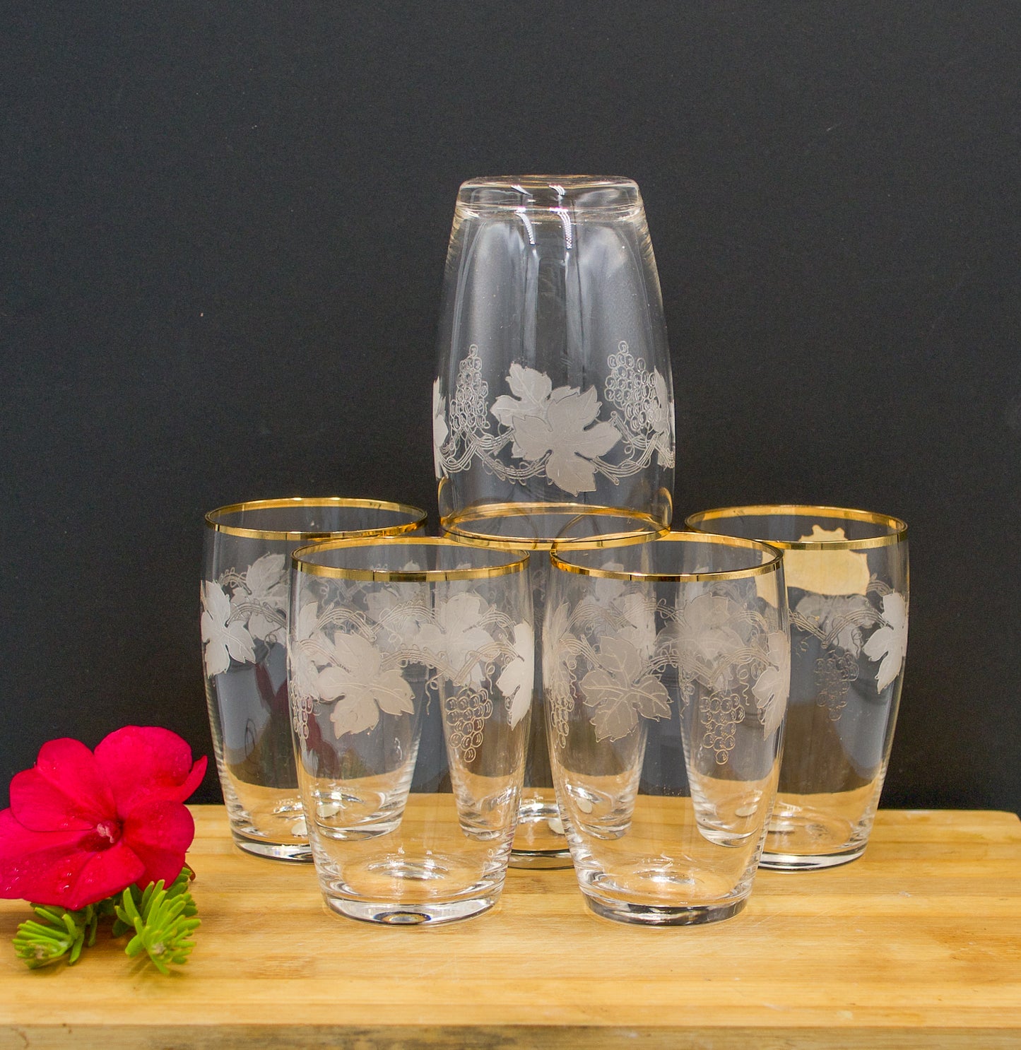 Vintage Bohemian Crystal Etched Grape Design Tumbler with Gold Rim