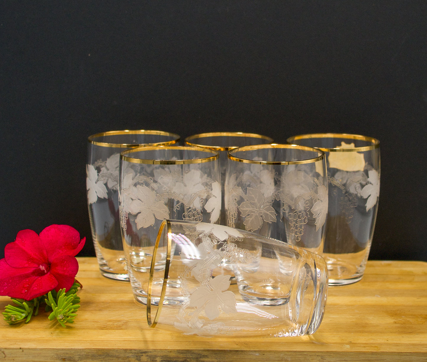 Vintage Bohemian Crystal Etched Grape Design Tumbler with Gold Rim