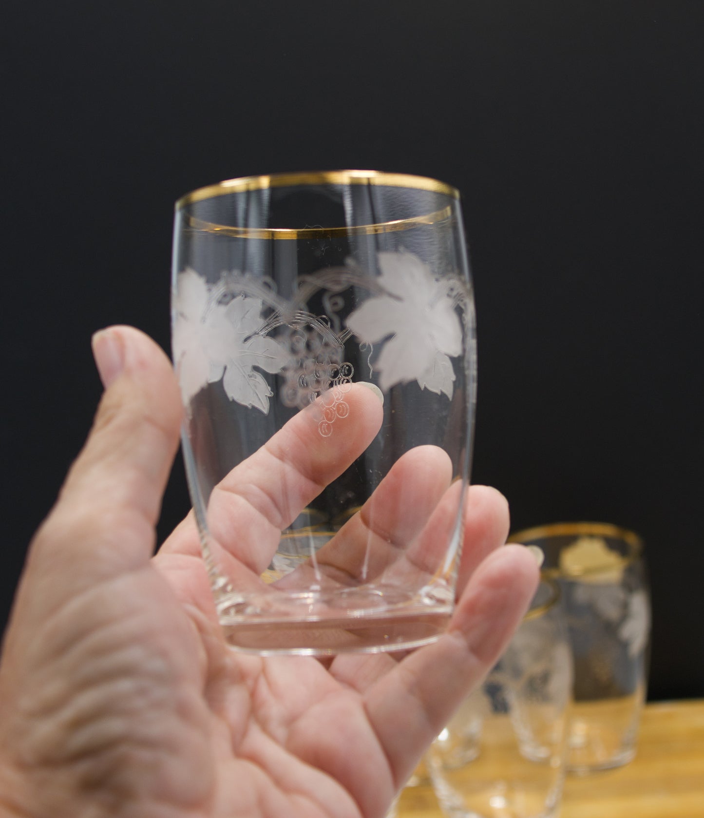 Vintage Bohemian Crystal Etched Grape Design Tumbler with Gold Rim