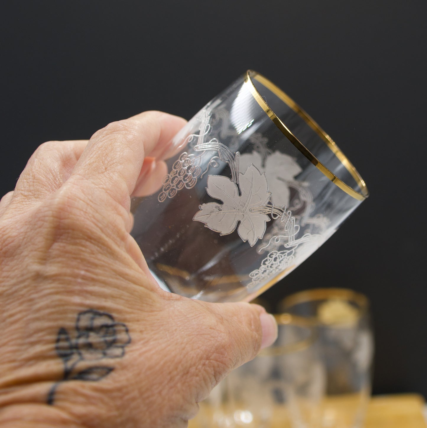 Vintage Bohemian Crystal Etched Grape Design Tumbler with Gold Rim