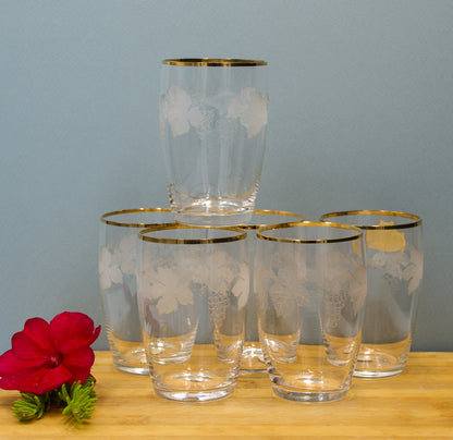 Vintage Bohemian Crystal Etched Grape Design Tumbler with Gold Rim