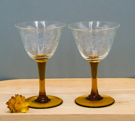 Vintage Amber Stemmed Cut Floral Design Port/Liquor Glasses